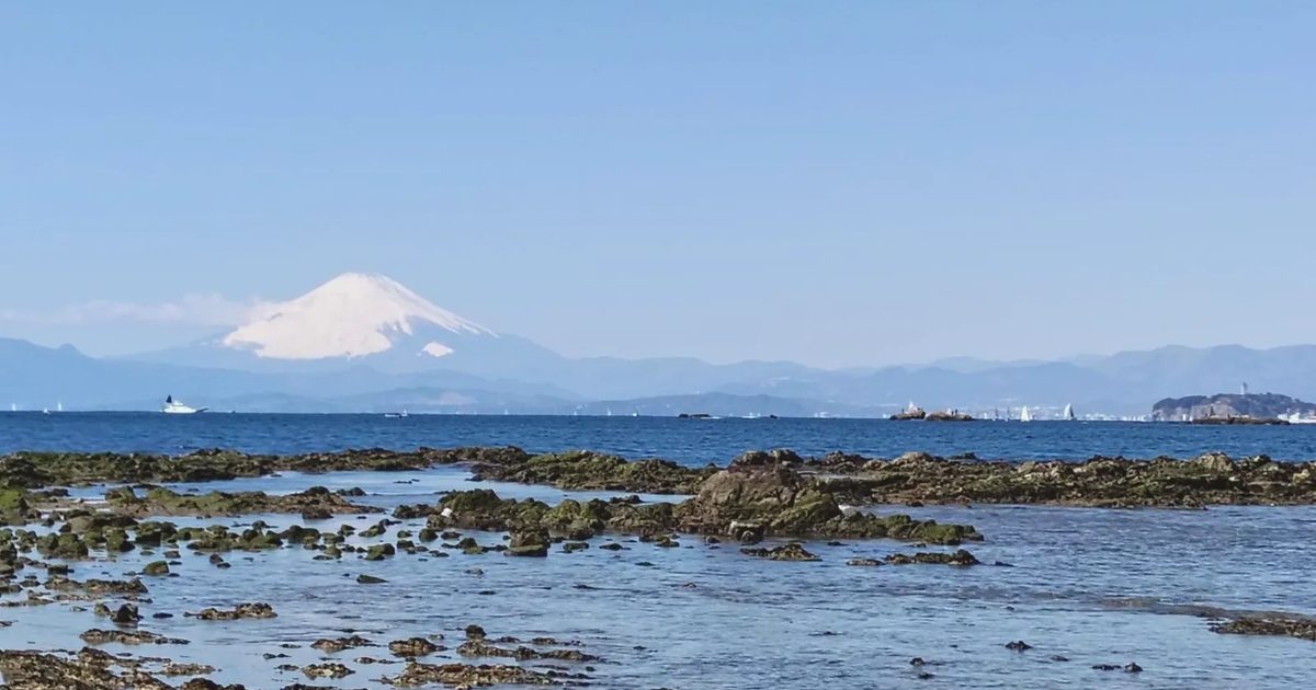 森戸海岸から見る、海の向こうの雪の富士山